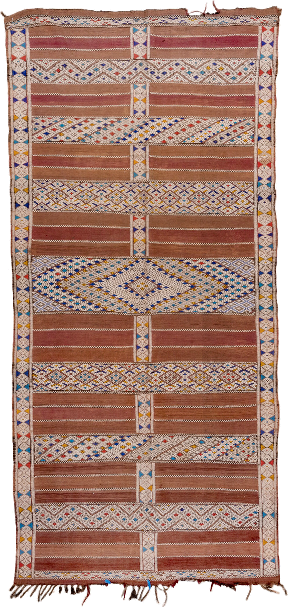 5' x 11' one-of-a-kind handmade vintage Kilim rug. Color palette: camel, ivory, indigo, rust, saffron, terra cotta, sky blue