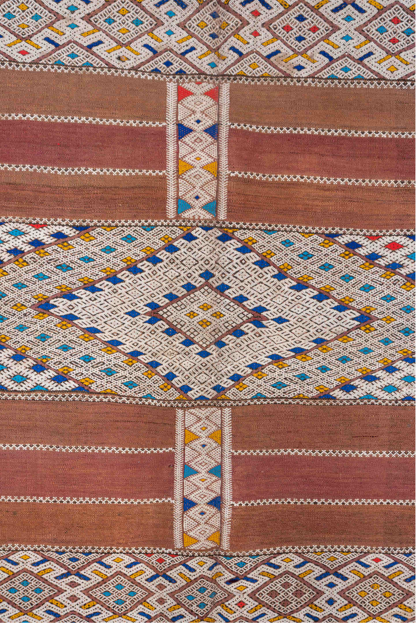 5' x 11' one-of-a-kind handmade vintage Kilim rug. Color palette: blue, brown, gray, light gray, off-white, pink