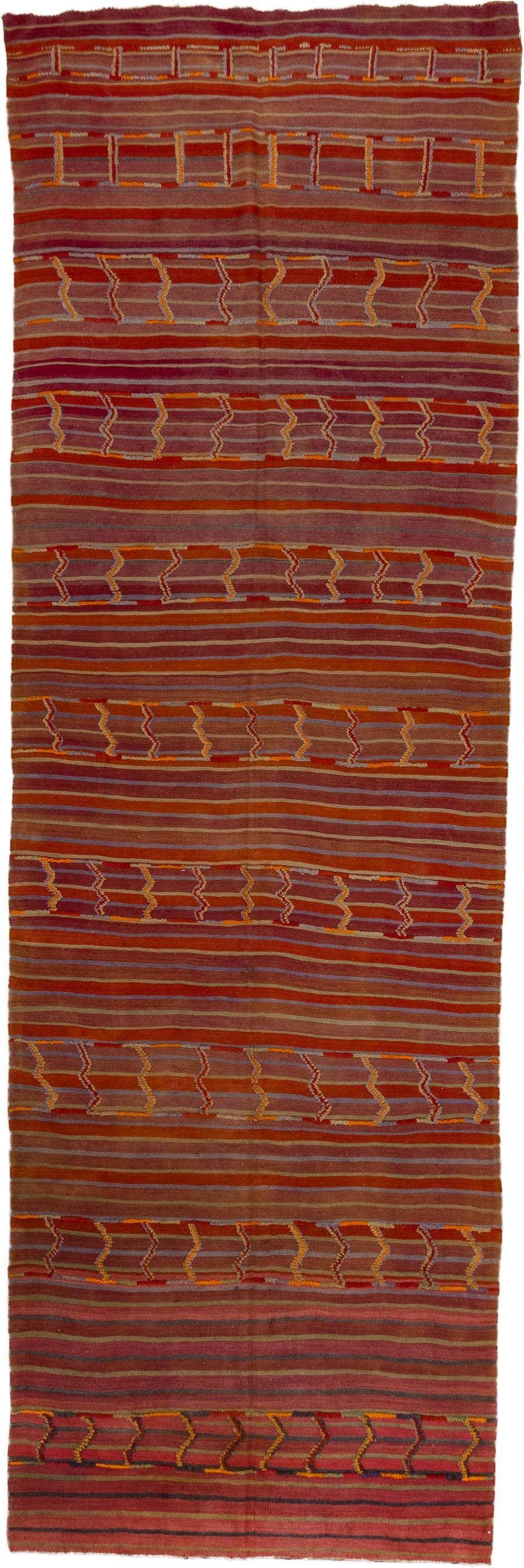 5' x 18' one-of-a-kind handmade antique Kilim rug. Color palette: rust, terra cotta, crimson, mauve, saffron, rose, taupe