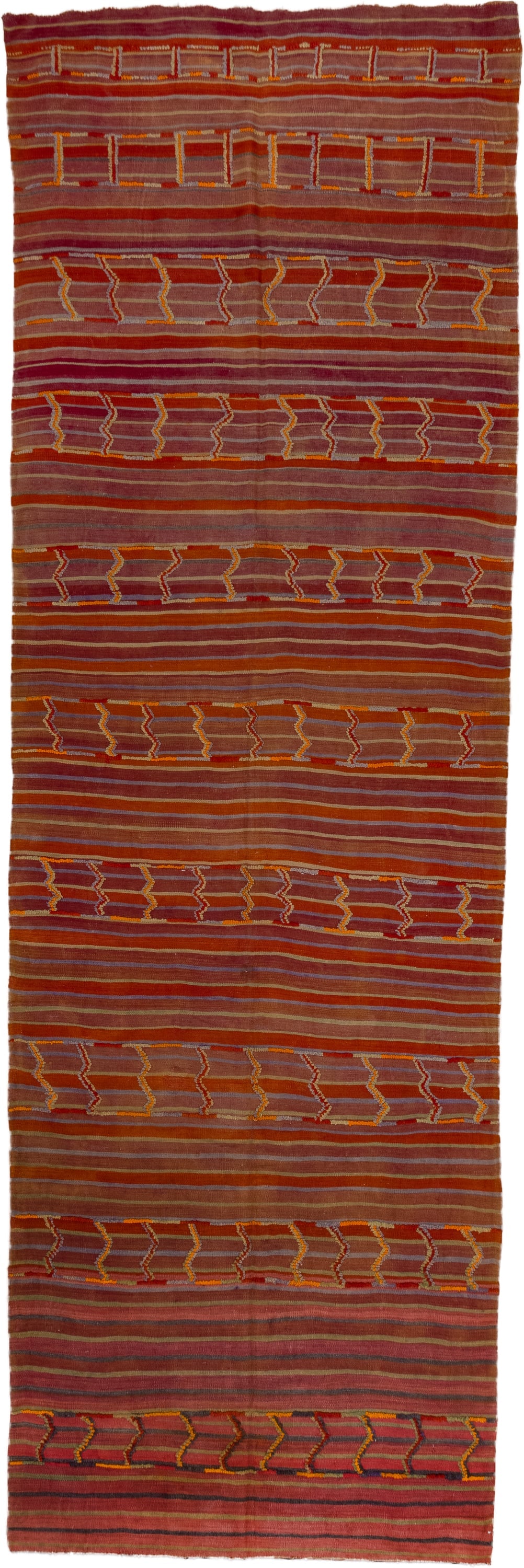 5' x 18' one-of-a-kind handmade antique Kilim rug. Color palette: rust, terra cotta, crimson, mauve, saffron, rose, taupe