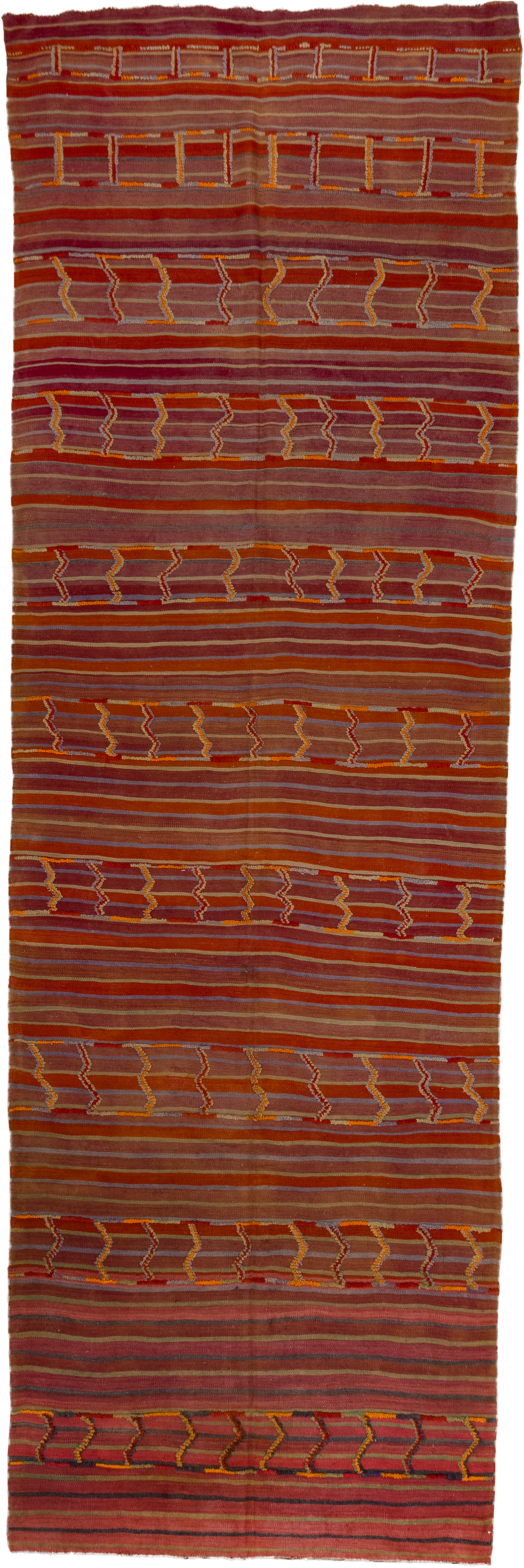 5' x 18' one-of-a-kind handmade antique Kilim rug. Color palette: rust, terra cotta, crimson, mauve, saffron, rose, taupe
