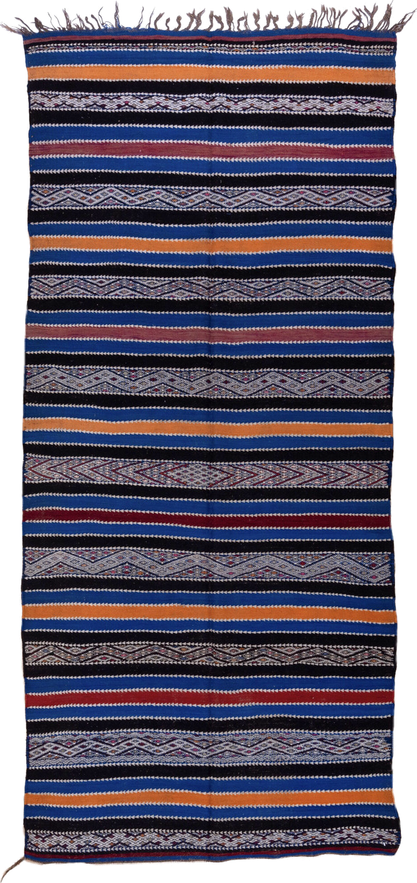 5' x 11' one-of-a-kind handmade vintage Kilim rug. Color palette: indigo, ivory, charcoal, rust, burgundy, blue, purple