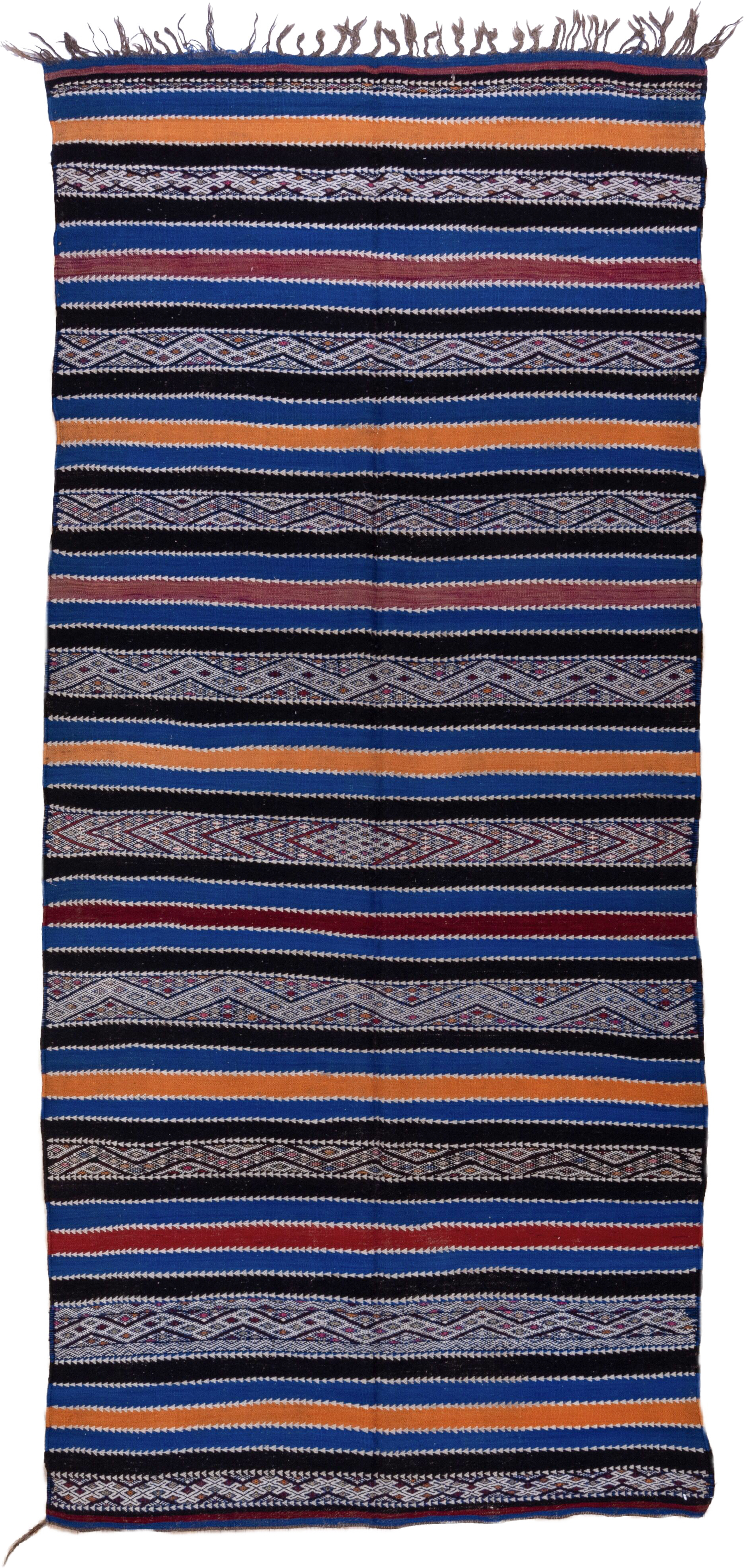 5' x 11' one-of-a-kind handmade vintage Kilim rug. Color palette: indigo, ivory, charcoal, rust, burgundy, blue, purple