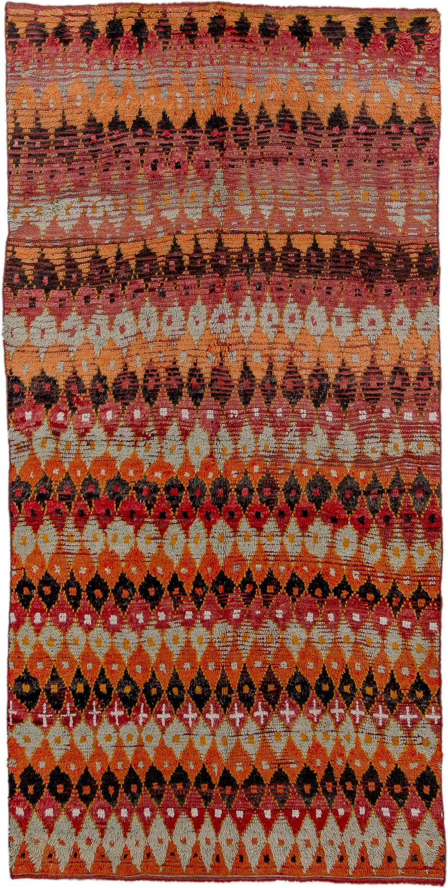 6' x 12' one-of-a-kind handmade vintage Moroccan large size rug. Color palette: orange, rose, ivory, brown, crimson