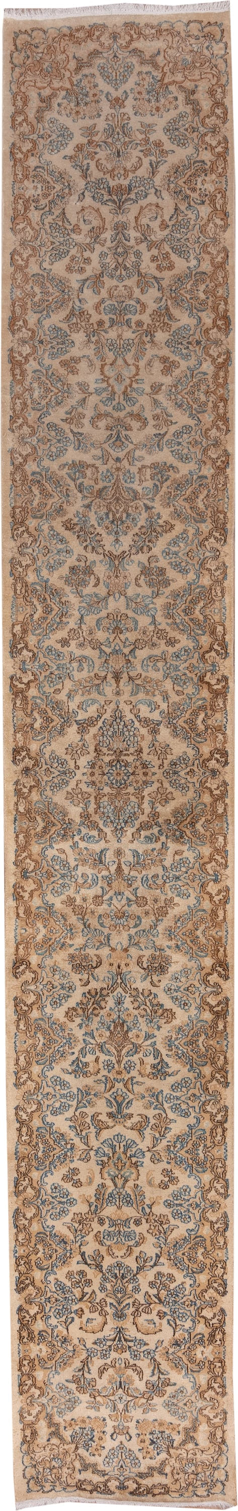 2' x 17' one-of-a-kind handmade vintage Kerman runner rug. Color palette: ivory, camel, sky_blue, taupe, brown, beige