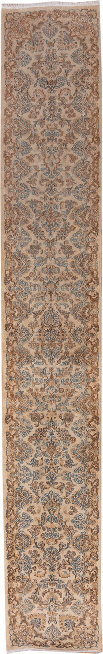 2' x 17' one-of-a-kind handmade vintage Kerman runner rug. Color palette: ivory, camel, sky_blue, taupe, brown, beige