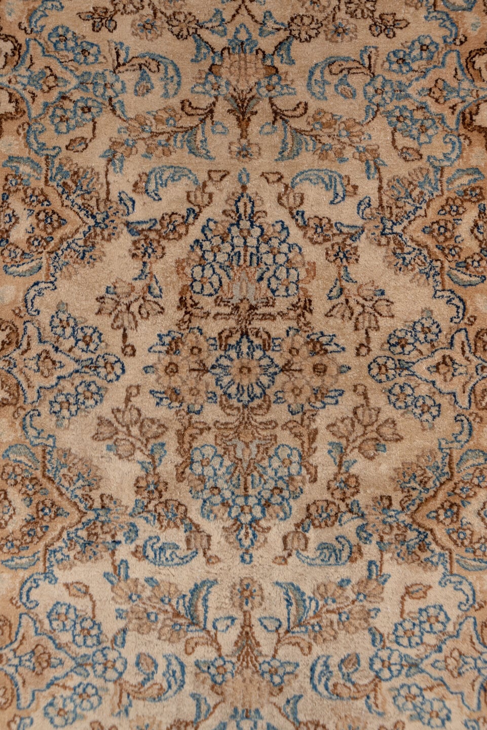 2' x 17' one-of-a-kind handmade vintage Kerman runner rug. Color palette: ivory, camel, sky_blue, taupe, brown, beige