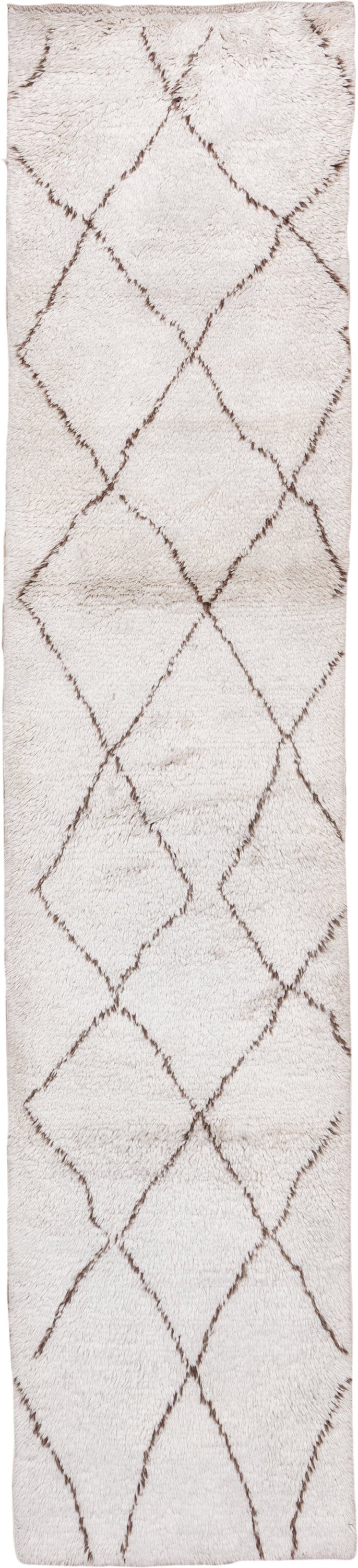 2' x 13' one-of-a-kind handmade vintage Moroccan runner rug. Color palette: ivory, taupe, cream, beige, gray