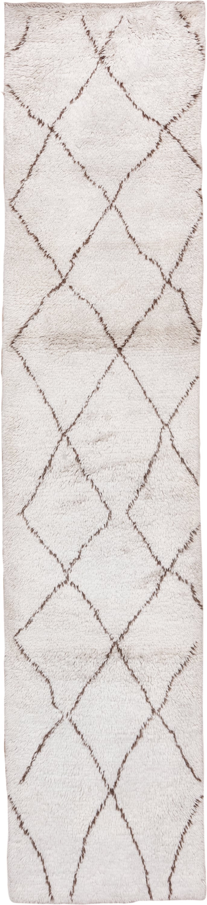 2' x 13' one-of-a-kind handmade vintage Moroccan runner rug. Color palette: ivory, taupe, cream, beige, gray