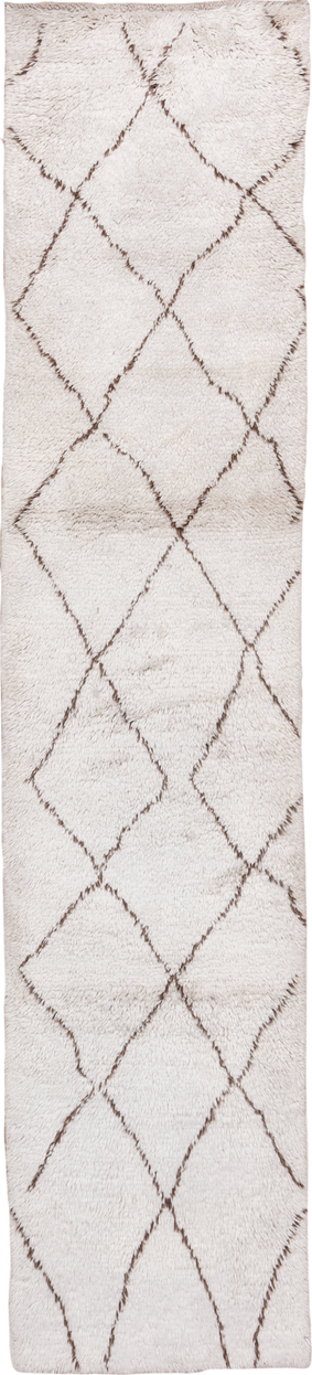 2' x 13' one-of-a-kind handmade vintage Moroccan runner rug. Color palette: ivory, taupe, cream, beige, gray