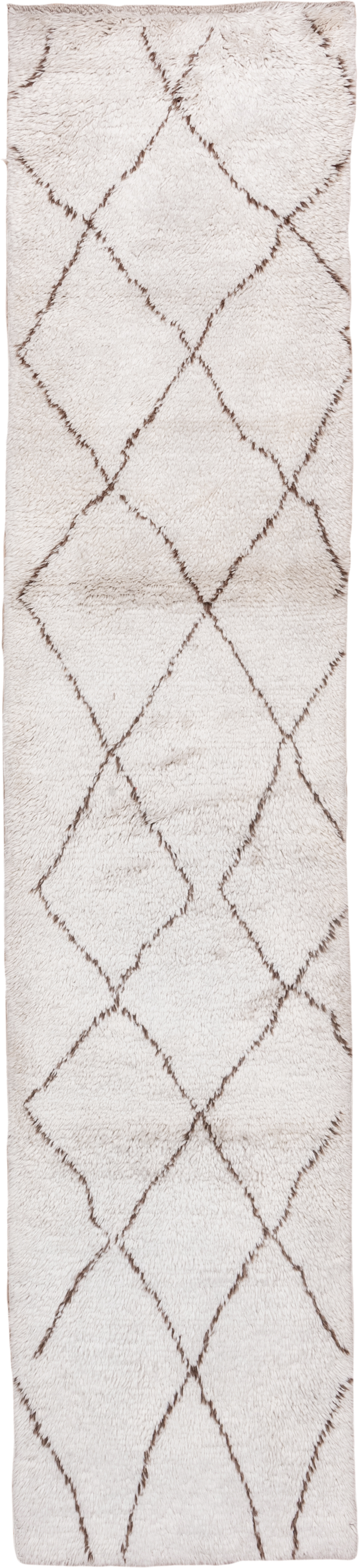 2' x 13' one-of-a-kind handmade vintage Moroccan runner rug. Color palette: ivory, taupe, cream, beige, gray