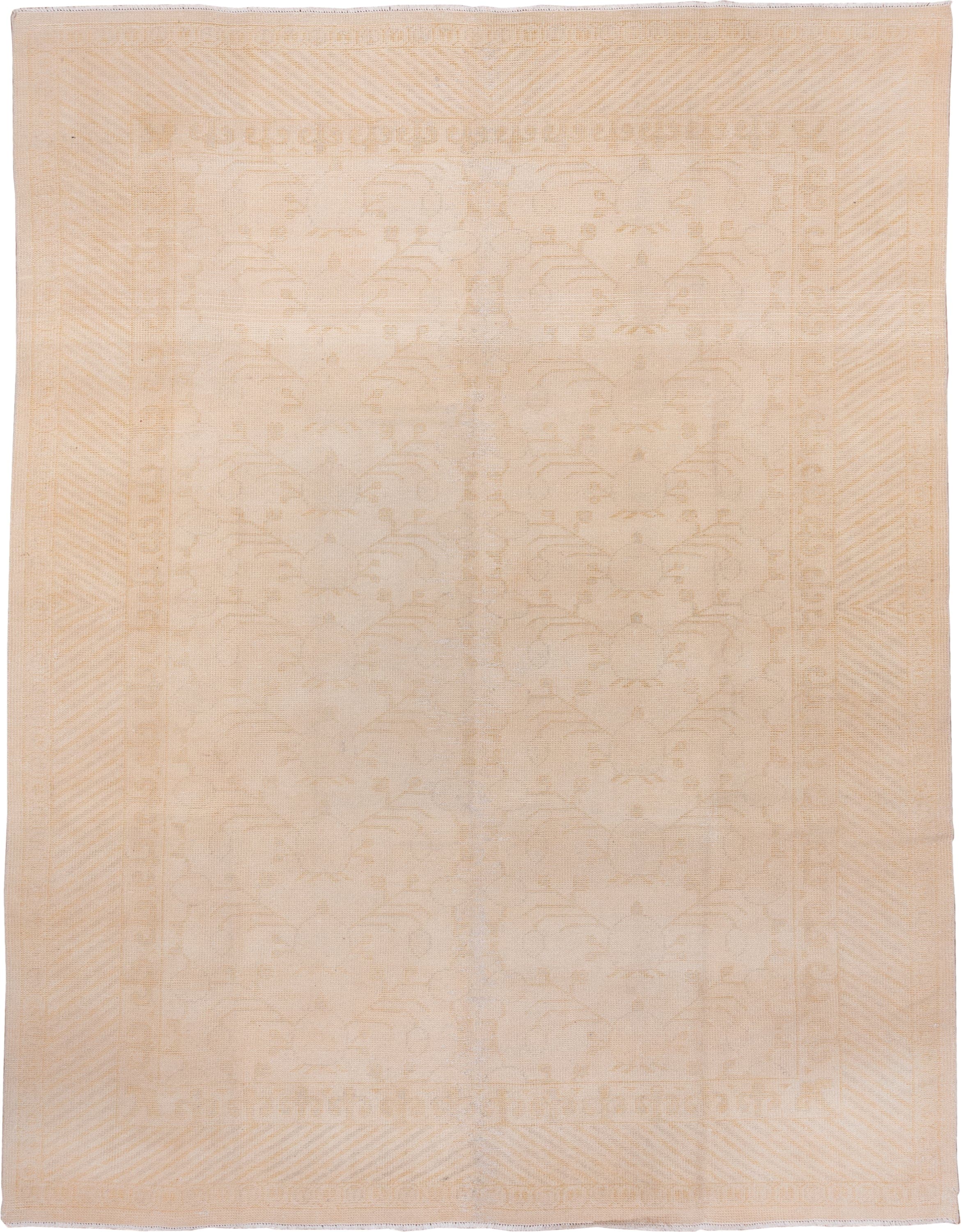 9' x 12' one-of-a-kind handmade vintage Oushak large size rug. Color palette: ivory, cream, peach, blush, beige, sand