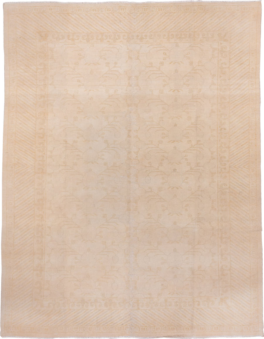 9' x 12' one-of-a-kind handmade vintage Oushak large size rug. Color palette: ivory, cream, peach, blush, beige, sand