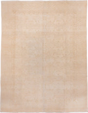 9' x 12' one-of-a-kind handmade vintage Oushak large size rug. Color palette: ivory, cream, peach, blush, beige, sand