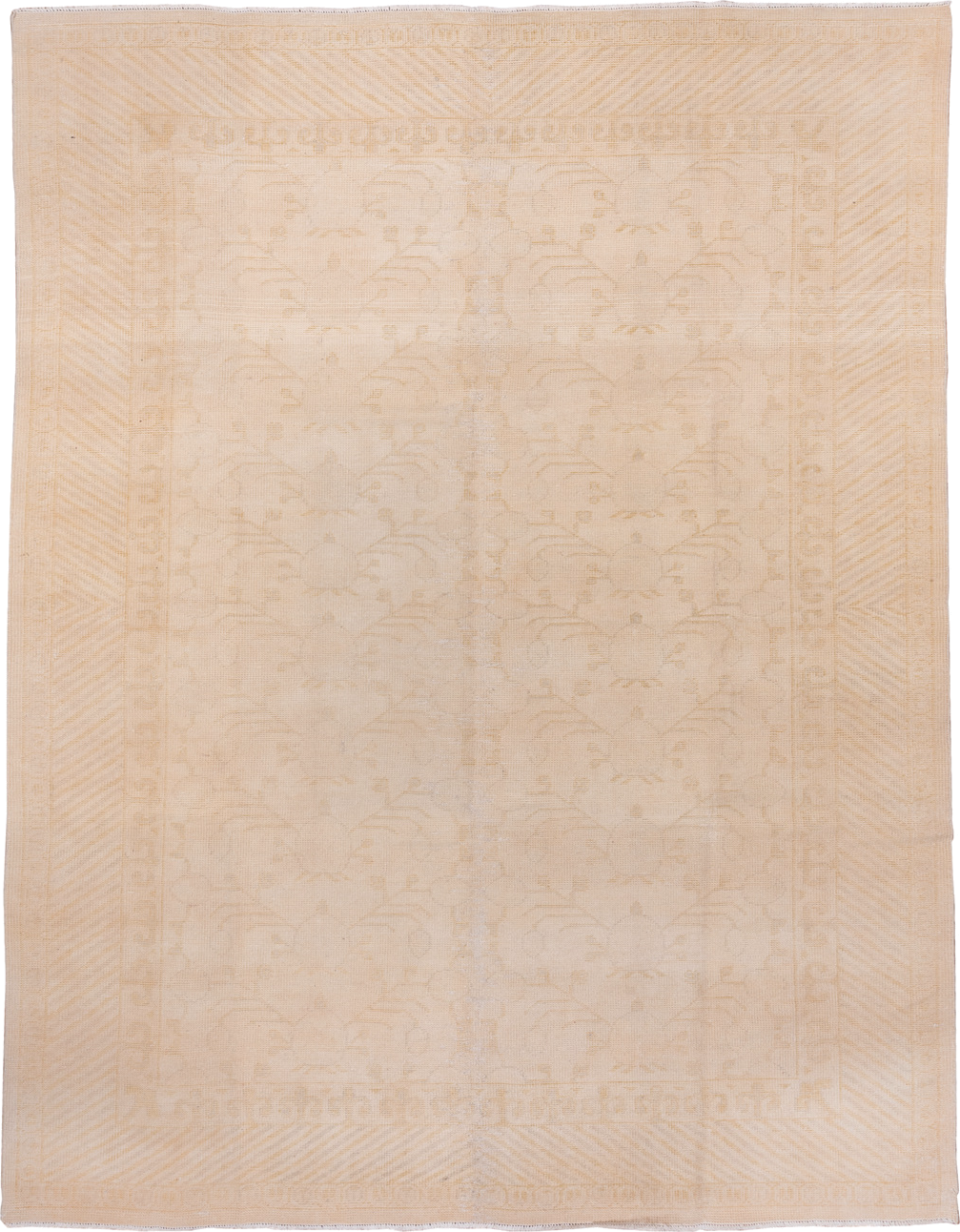 9' x 12' one-of-a-kind handmade vintage Oushak large size rug. Color palette: ivory, cream, peach, blush, beige, sand