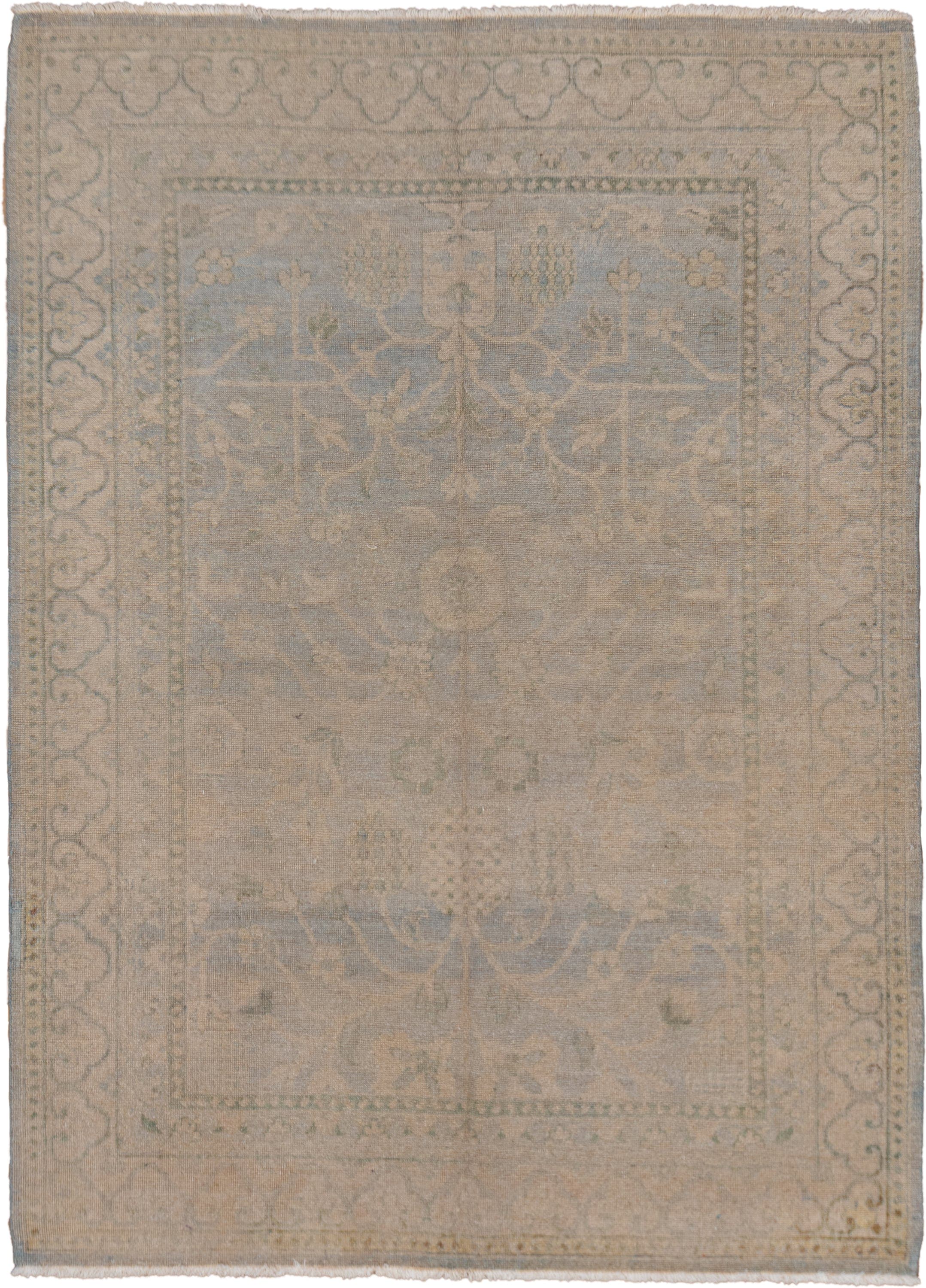 5' x 7' one-of-a-kind handmade vintage Khotan rug. Color palette: beige, ivory, pale blue, taupe, sage, light blue, gray