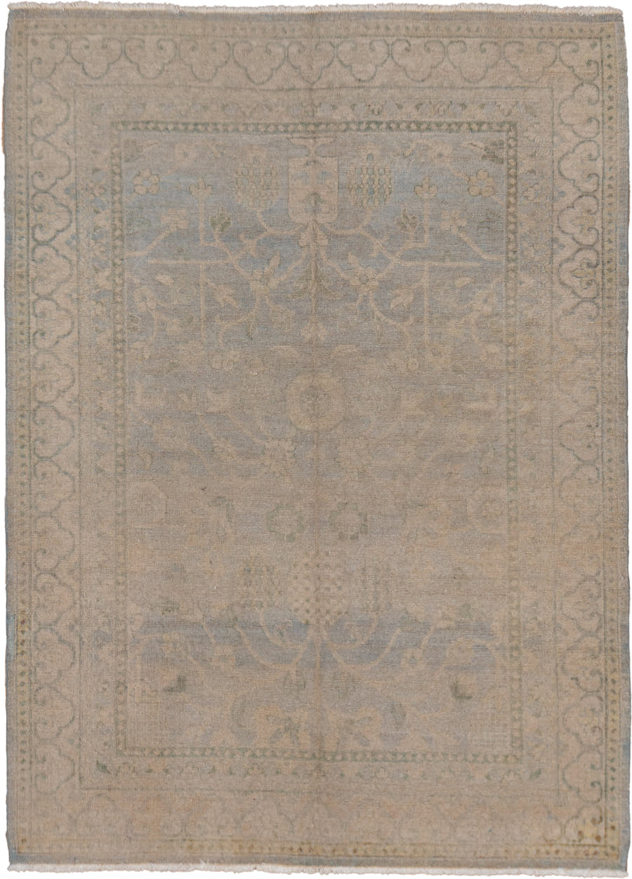 5' x 7' one-of-a-kind handmade vintage Khotan rug. Color palette: beige, ivory, pale blue, taupe, sage, light blue, gray