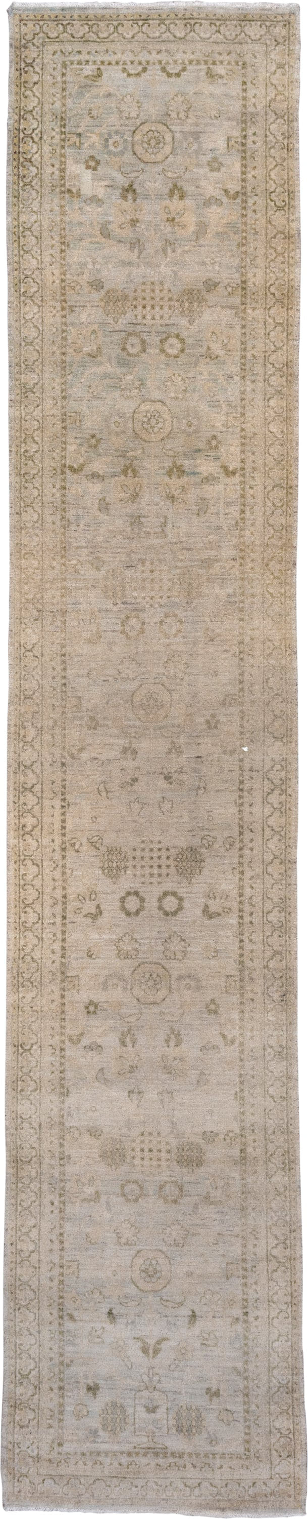3' x 15' one-of-a-kind handmade vintage Khotan runner rug. Color palette: ivory, taupe, beige, sage, gray brown, olive, gray