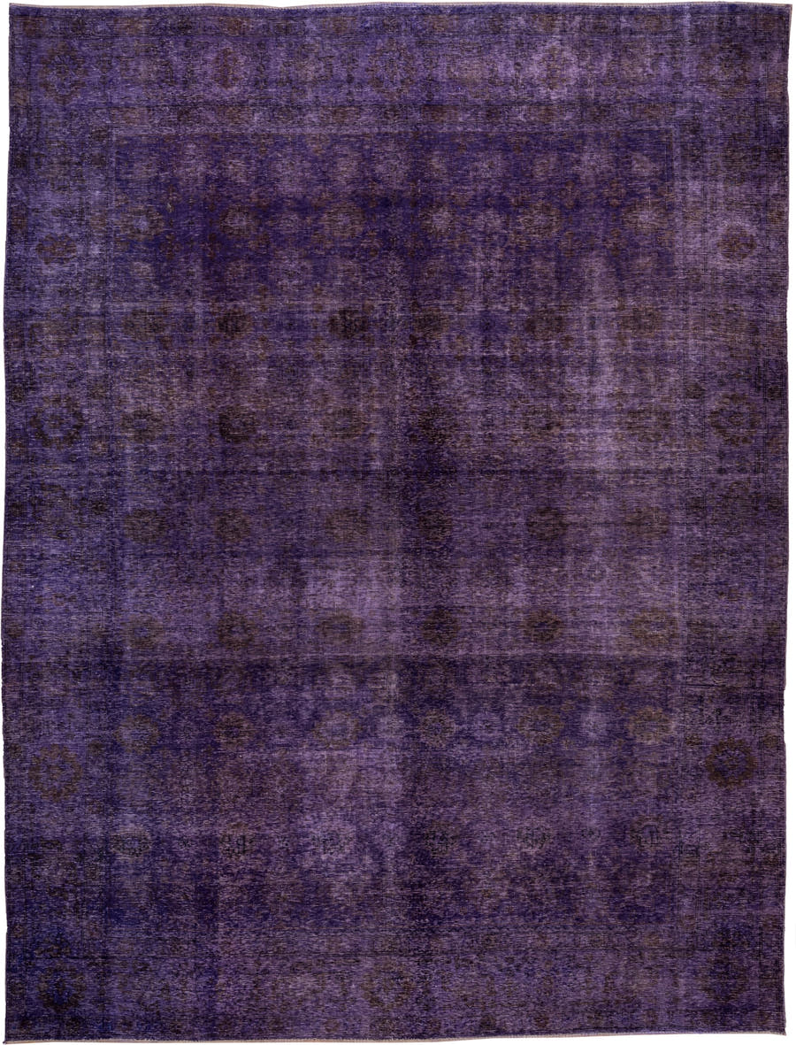 9' x 12' one-of-a-kind handmade vintage Overdyed large size rug. Color palette: violet, plum, eggplant, charcoal, pink