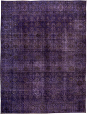 9' x 12' one-of-a-kind handmade vintage Overdyed large size rug. Color palette: violet, plum, eggplant, charcoal, pink