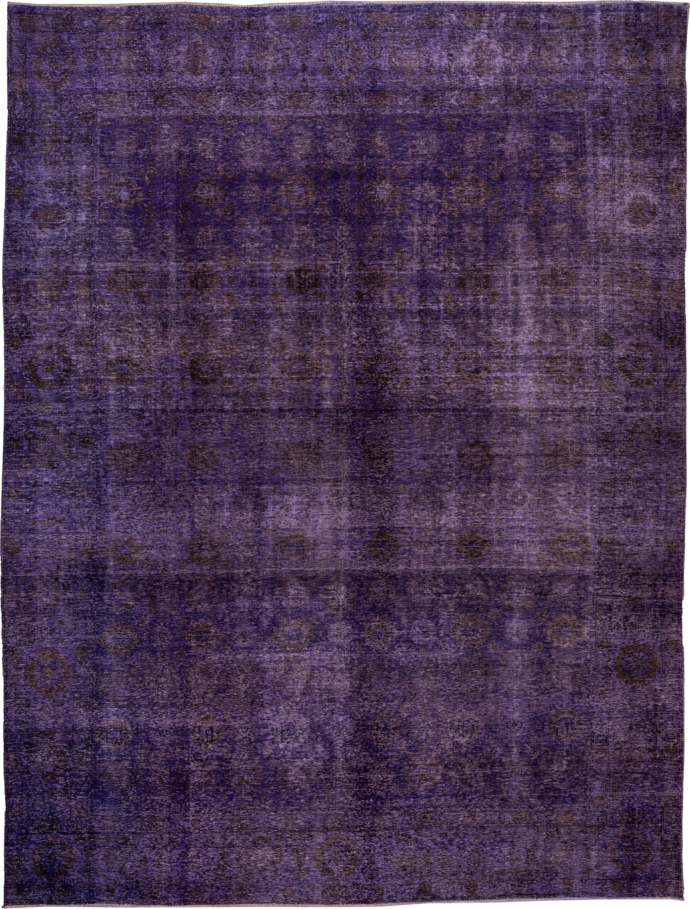 9' x 12' one-of-a-kind handmade vintage Overdyed large size rug. Color palette: violet, plum, eggplant, charcoal, pink