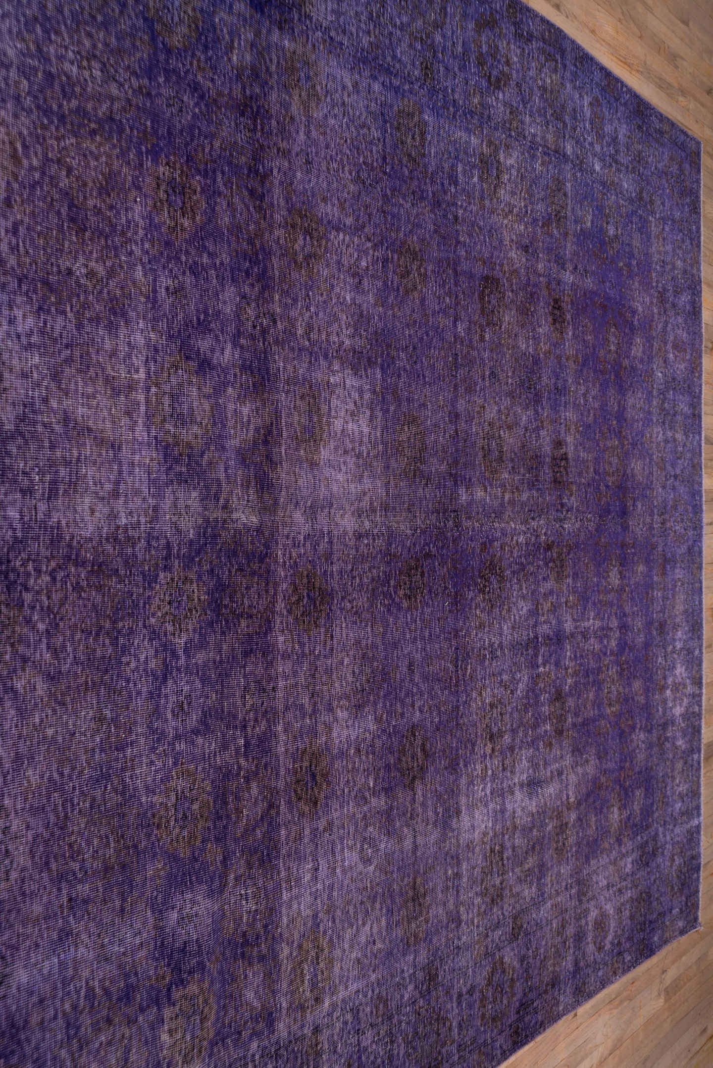 9' x 12' one-of-a-kind handmade vintage Overdyed large size rug. Color palette: violet, plum, eggplant, charcoal, pink