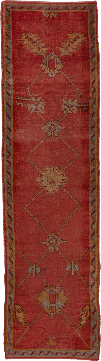 3' x 11' one-of-a-kind handmade antique Oushak runner rug. Color palette: terra cotta, rust, gold, taupe, rose, sage