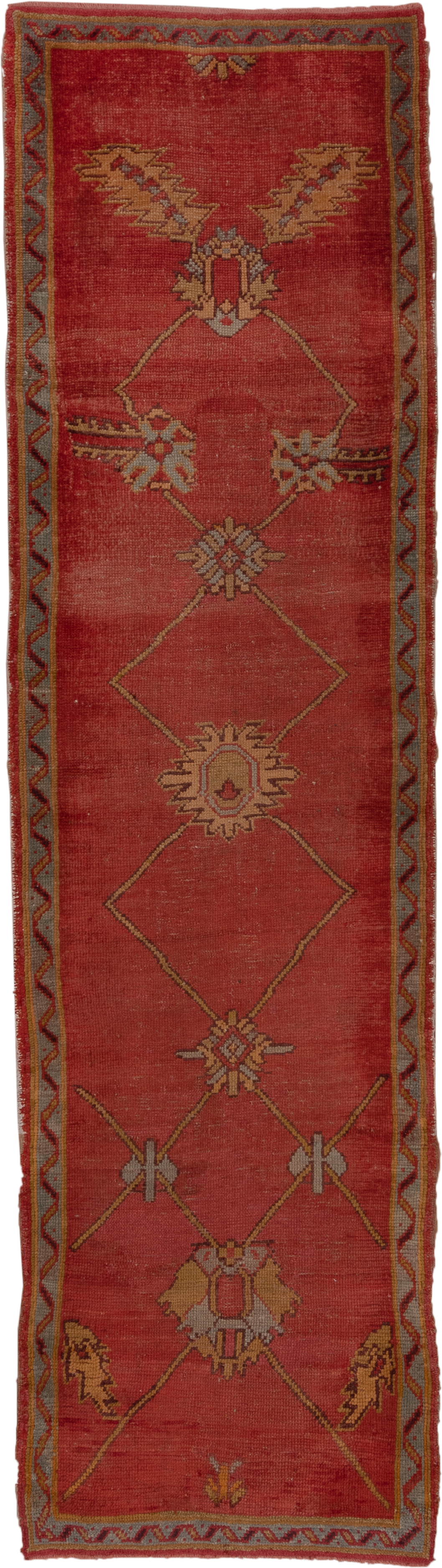 3' x 11' one-of-a-kind handmade antique Oushak runner rug. Color palette: terra cotta, rust, gold, taupe, rose, sage