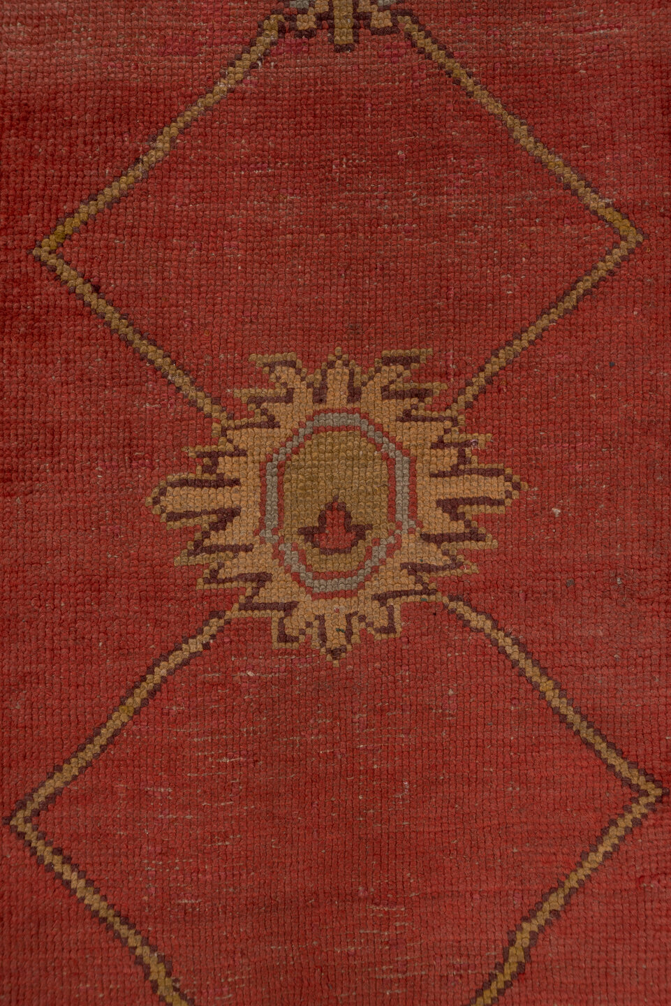 3' x 11' one-of-a-kind handmade antique Oushak runner rug. Color palette: terra cotta, rust, gold, taupe, rose, sage