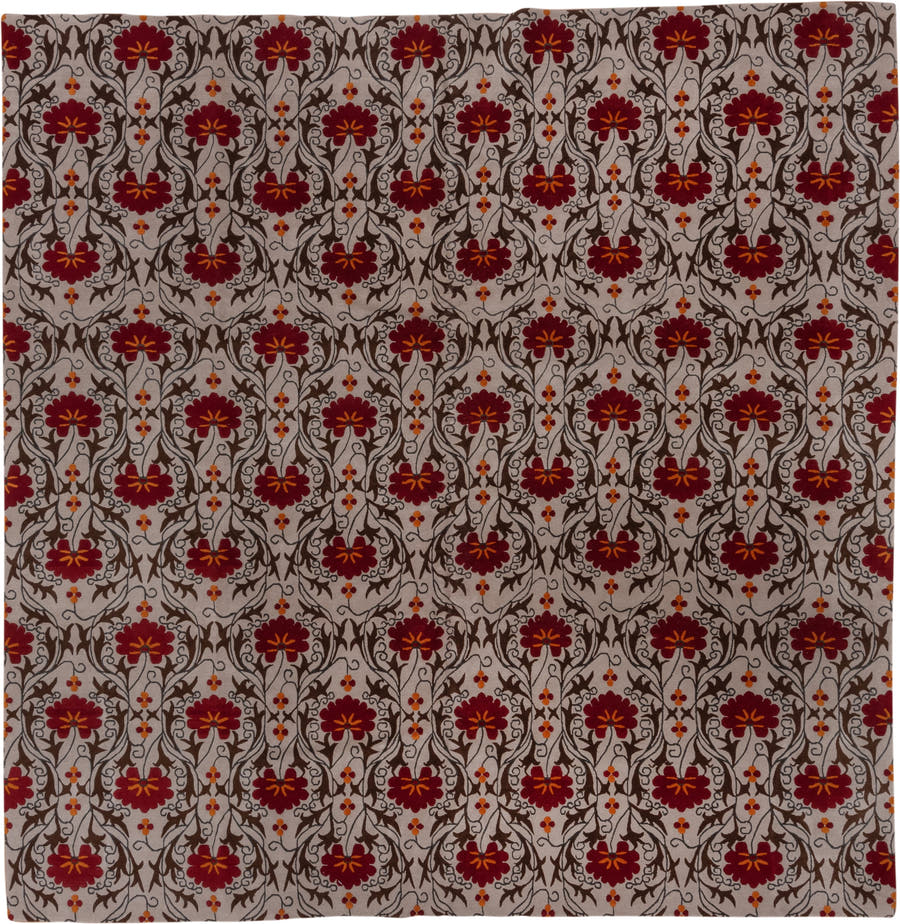10' x 10' one-of-a-kind handmade vintage Tibetan oversize rug. Color palette: ivory, brown, crimson, rust, orange, red