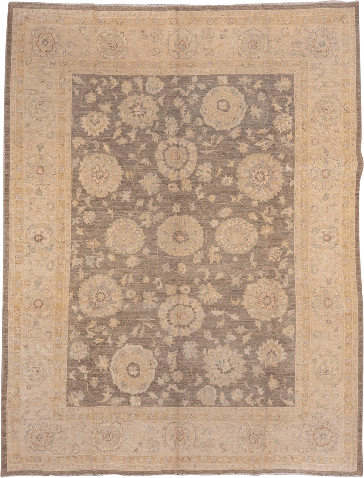 9' x 12' one-of-a-kind handmade vintage Peshawar large size rug. Color palette: taupe, ivory, sand, faded gold, beige