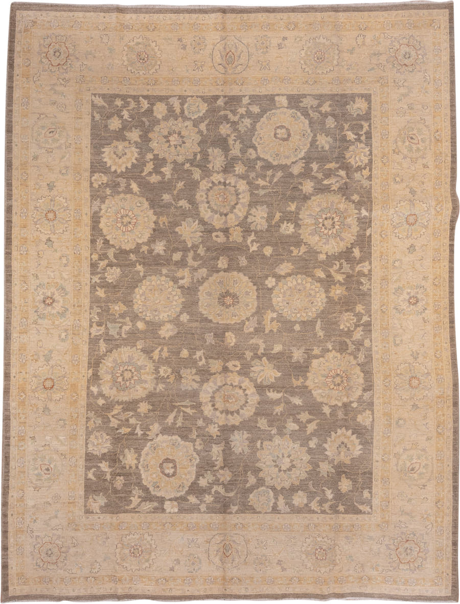 9' x 12' one-of-a-kind handmade vintage Peshawar large size rug. Color palette: taupe, ivory, sand, faded gold, beige