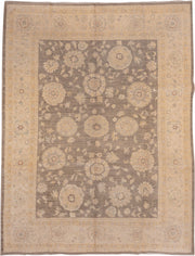 9' x 12' one-of-a-kind handmade vintage Peshawar large size rug. Color palette: taupe, ivory, sand, faded gold, beige