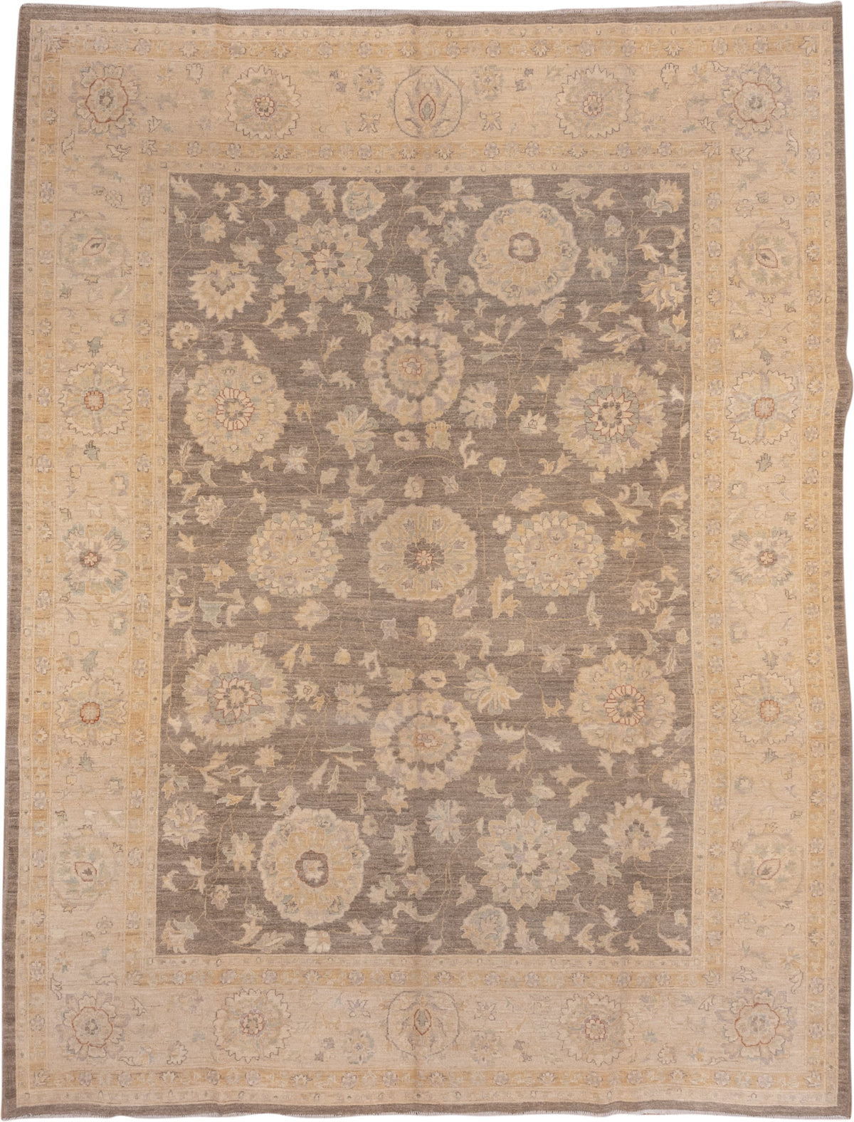 9' x 12' one-of-a-kind handmade vintage Peshawar large size rug. Color palette: taupe, ivory, sand, faded gold, beige