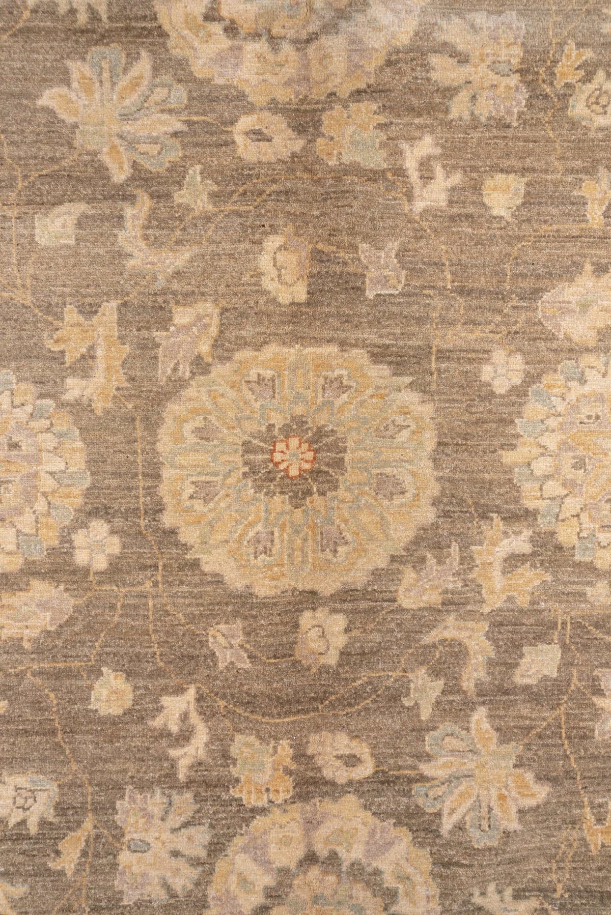 9' x 12' one-of-a-kind handmade vintage Peshawar large size rug. Color palette: taupe, ivory, sand, faded gold, beige