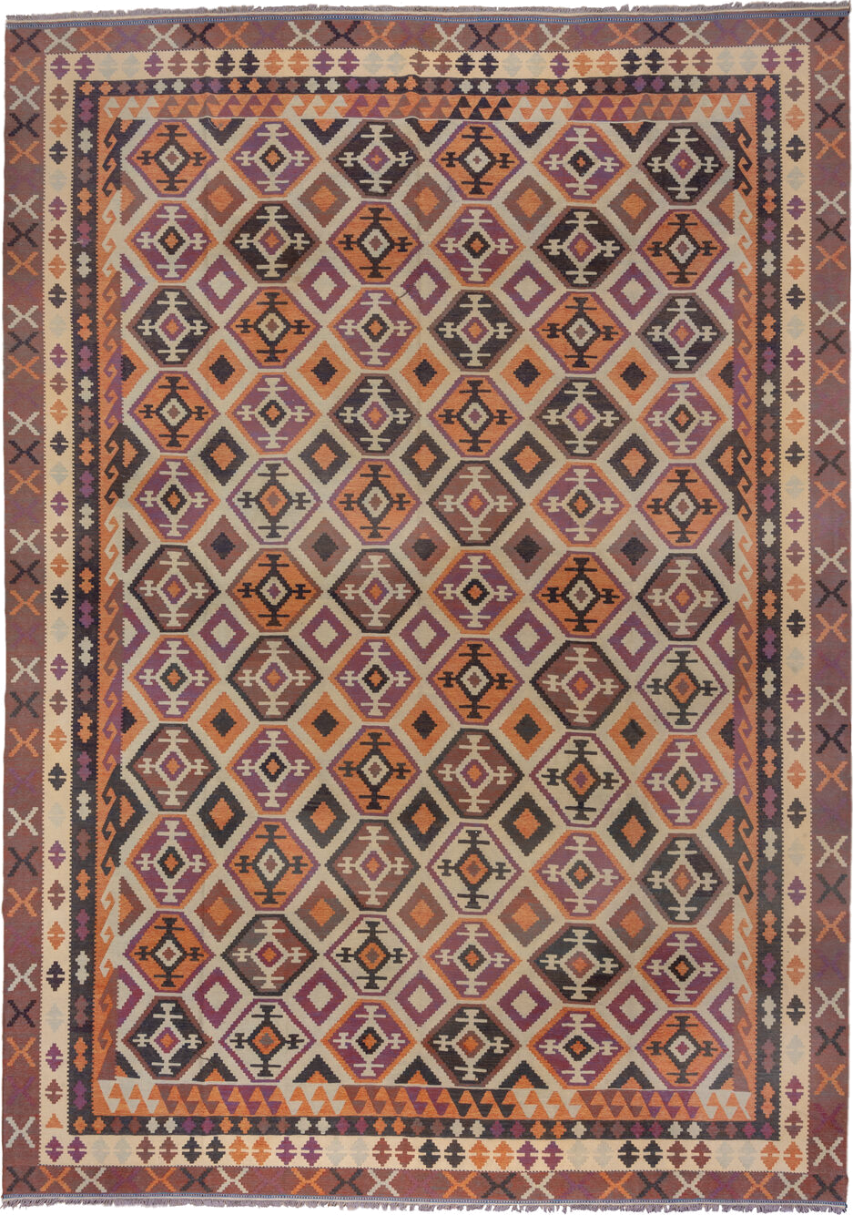 12' x 18' one-of-a-kind handmade vintage Kilim oversize rug. Color palette: ivory, rust, plum, charcoal, taupe, terra cotta