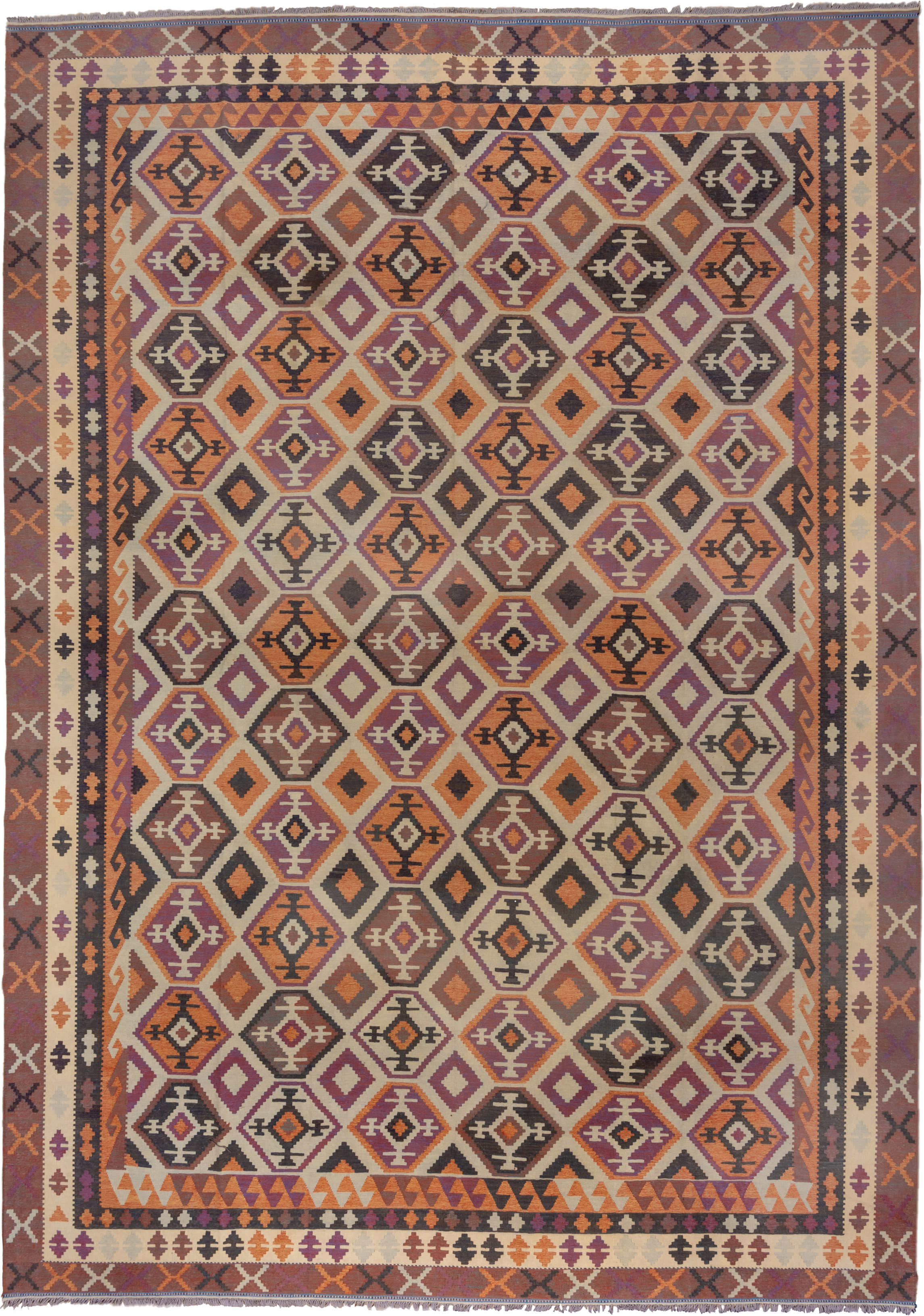 12' x 18' one-of-a-kind handmade vintage Kilim oversize rug. Color palette: ivory, rust, plum, charcoal, taupe, terra cotta