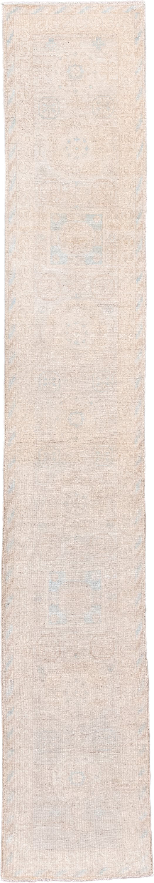 2' x 16' one-of-a-kind handmade vintage Khotan runner rug. Color palette: ivory, blush, pale blue, cream, beige, taupe, pink