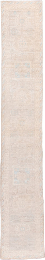 2' x 16' one-of-a-kind handmade vintage Khotan runner rug. Color palette: ivory, blush, pale blue, cream, beige, taupe, pink