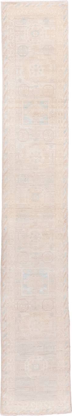 2' x 16' one-of-a-kind handmade vintage Khotan runner rug. Color palette: ivory, blush, pale blue, cream, beige, taupe, pink