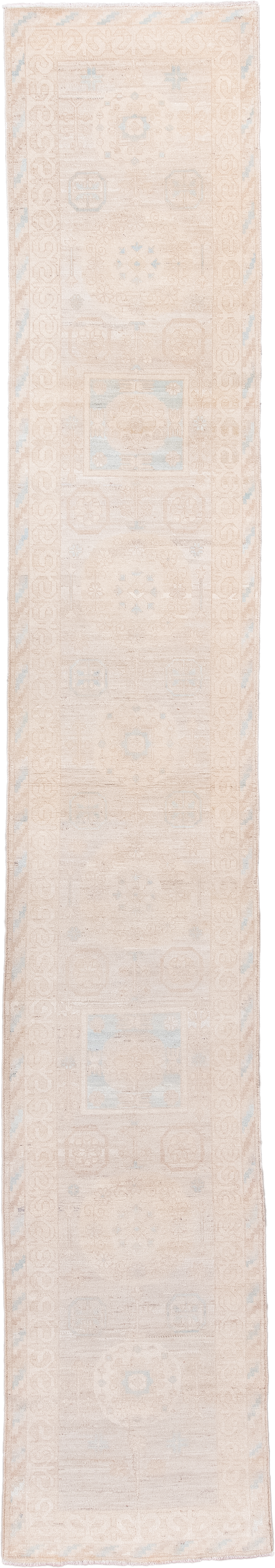 2' x 16' one-of-a-kind handmade vintage Khotan runner rug. Color palette: ivory, blush, pale blue, cream, beige, taupe, pink