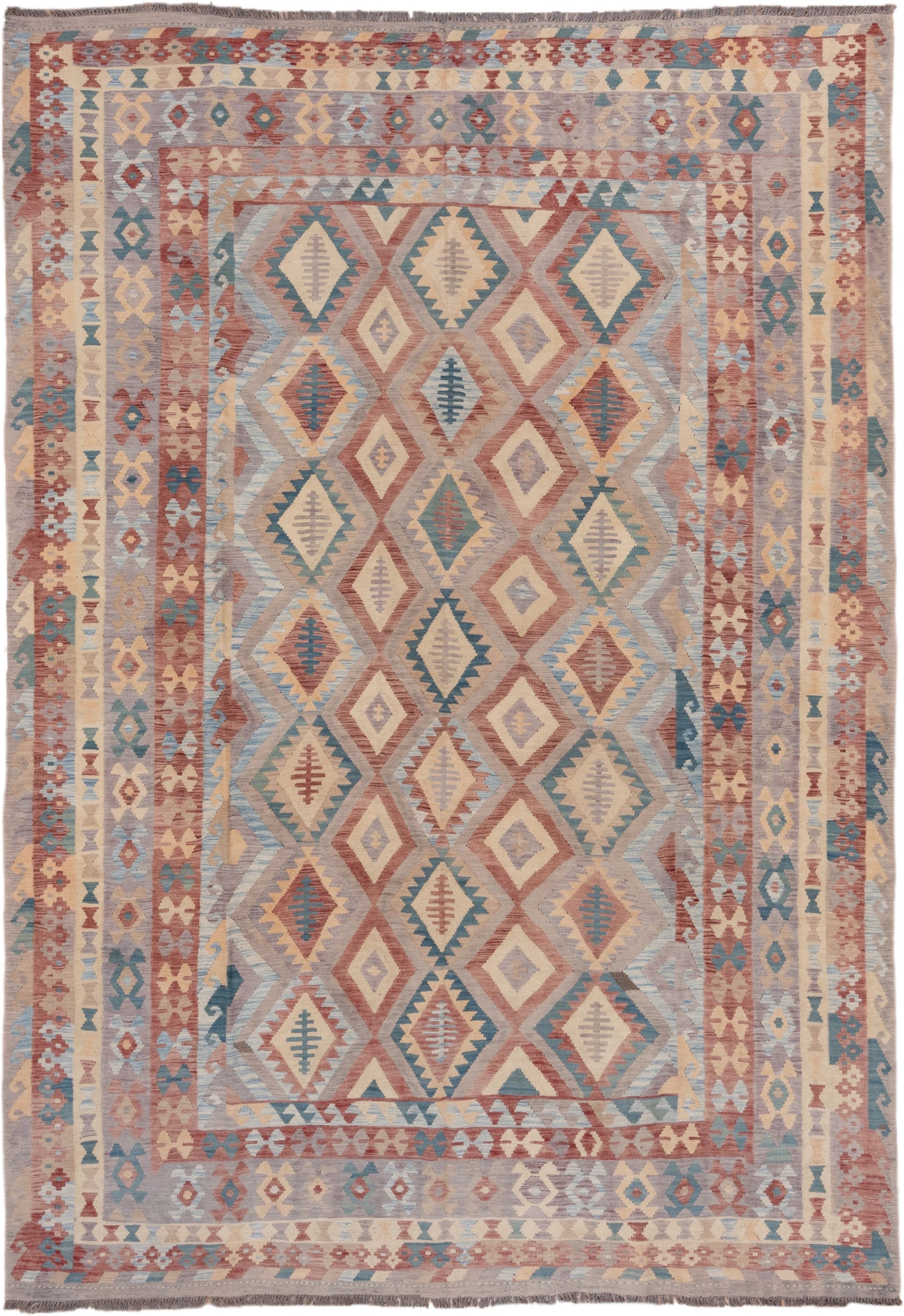8' x 11' one-of-a-kind handmade vintage Kilim large size rug. Color palette: rose, ivory, dusty blue, terra cotta, taupe