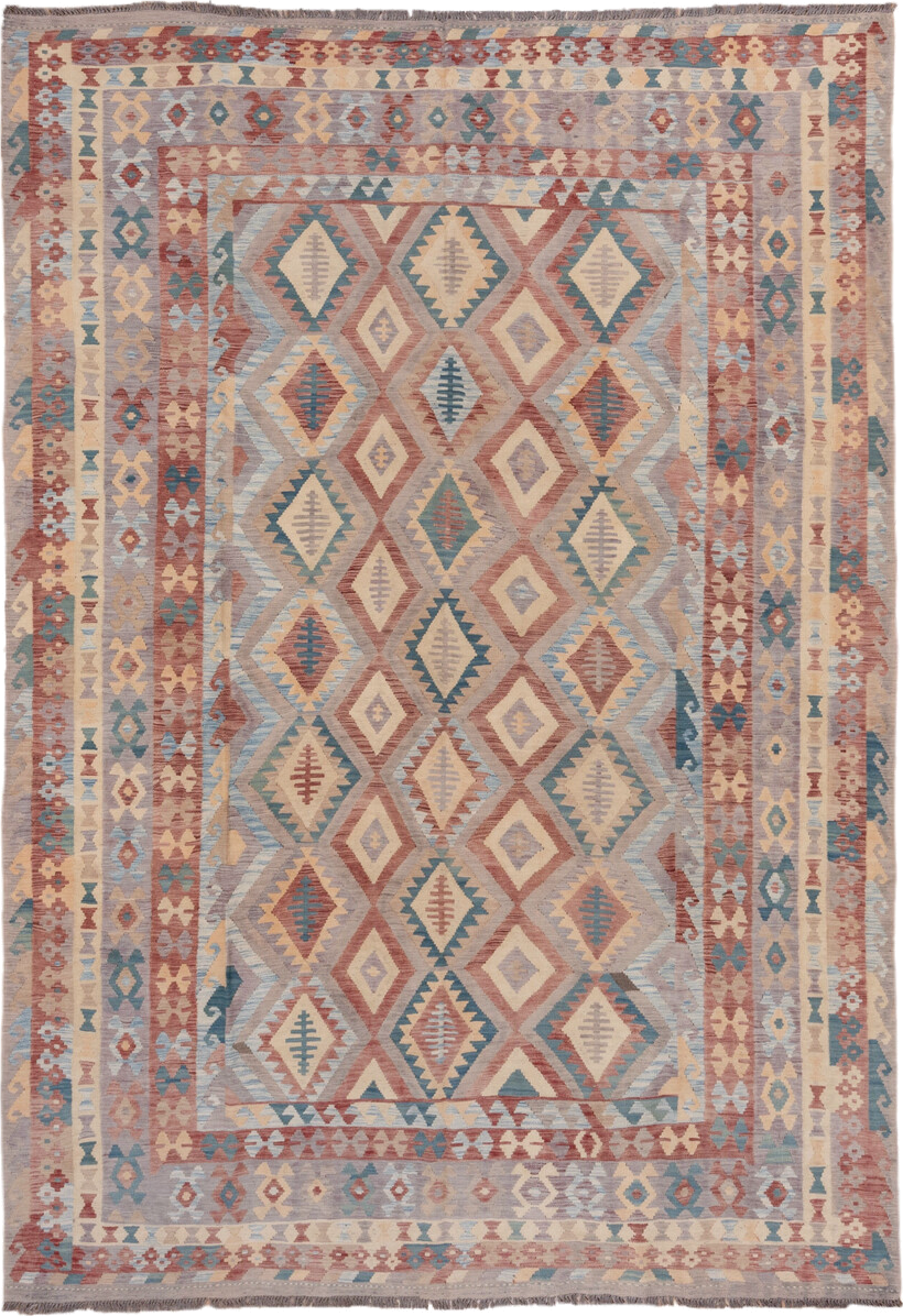 8' x 11' one-of-a-kind handmade vintage Kilim large size rug. Color palette: rose, ivory, dusty blue, terra cotta, taupe