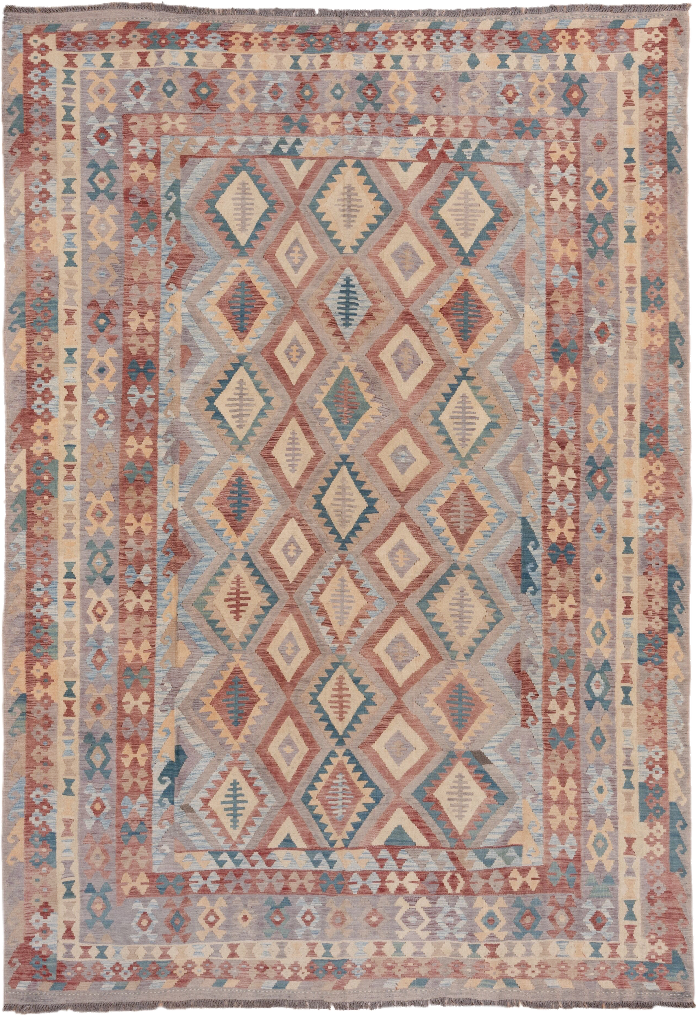 8' x 11' one-of-a-kind handmade vintage Kilim large size rug. Color palette: rose, ivory, dusty blue, terra cotta, taupe
