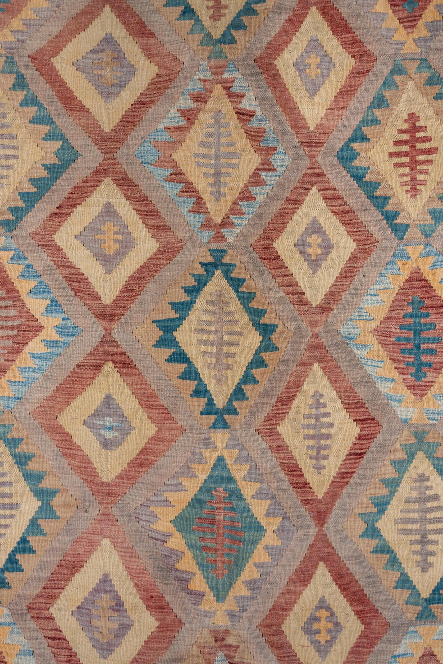 8' x 11' one-of-a-kind handmade vintage Kilim large size rug. Color palette: rose, ivory, dusty blue, terra cotta, taupe