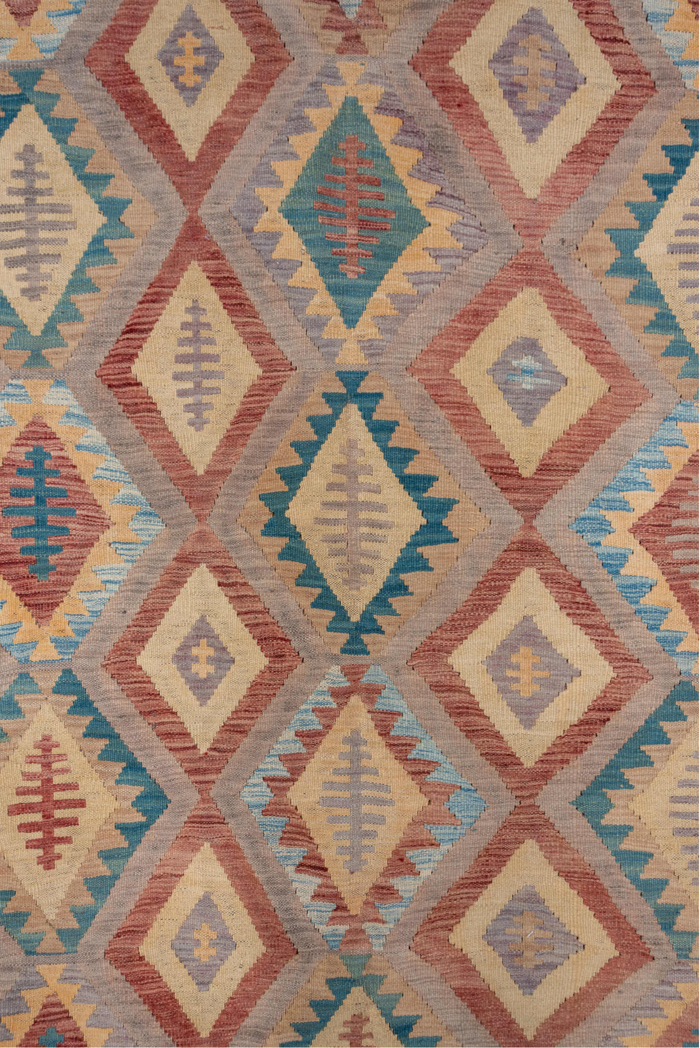 8' x 11' one-of-a-kind handmade vintage Kilim large size rug. Color palette: rose, ivory, dusty blue, terra cotta, taupe