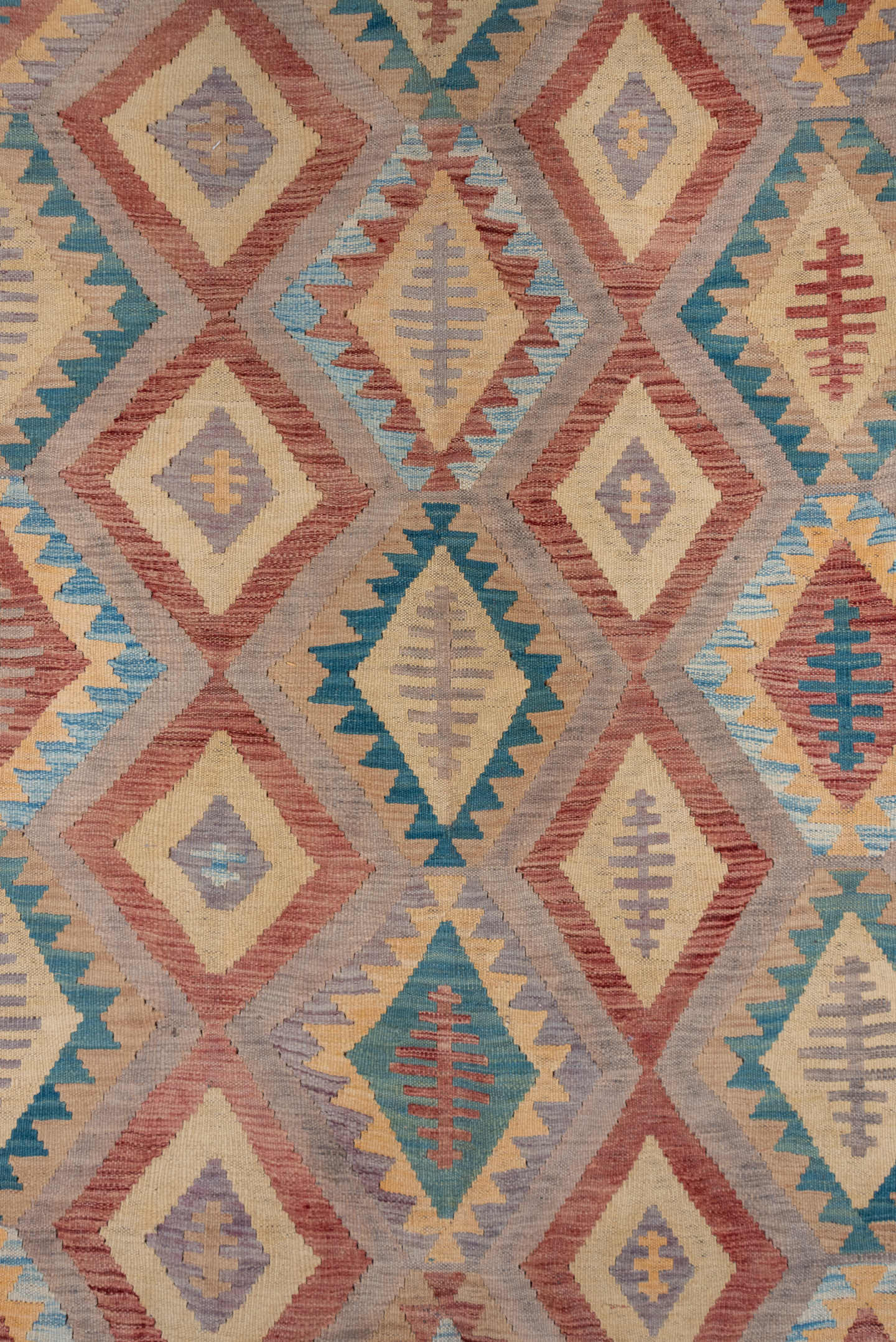 8' x 11' one-of-a-kind handmade vintage Kilim large size rug. Color palette: rose, ivory, dusty blue, terra cotta, taupe