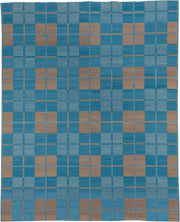 8' x 10' one-of-a-kind handmade vintage Kilim large size rug. Color palette: blue, sky blue, taupe, light blue, beige, gray