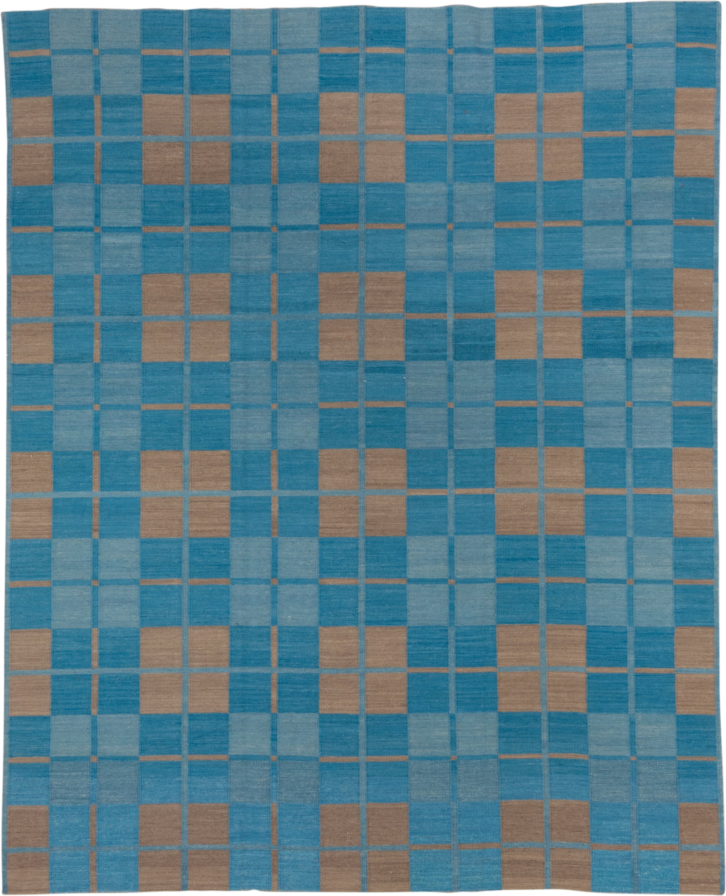 8' x 10' one-of-a-kind handmade vintage Kilim large size rug. Color palette: blue, sky blue, taupe, light blue, beige, gray