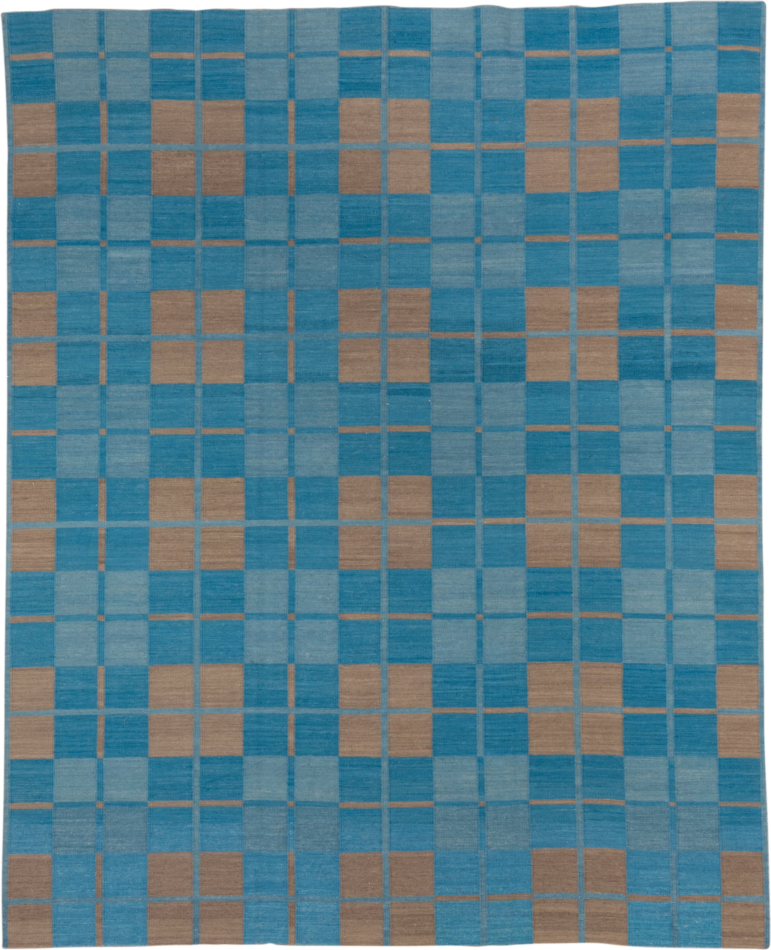 8' x 10' one-of-a-kind handmade vintage Kilim large size rug. Color palette: blue, sky blue, taupe, light blue, beige, gray
